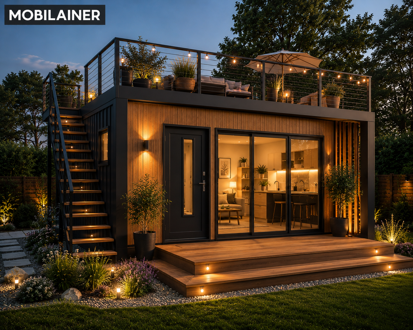 Mobilház Modulház Tetőterasszal Alapterület: 27 m² Méret: 9 × 3 m