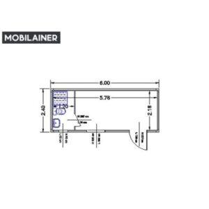 Deacon 20' 50 PUR Konténerház-Lakókonténer 600 x 240 cm, Jobb hosszú oldalon 1 ajtó + 1 ablak + wc + mosdó + tusoló