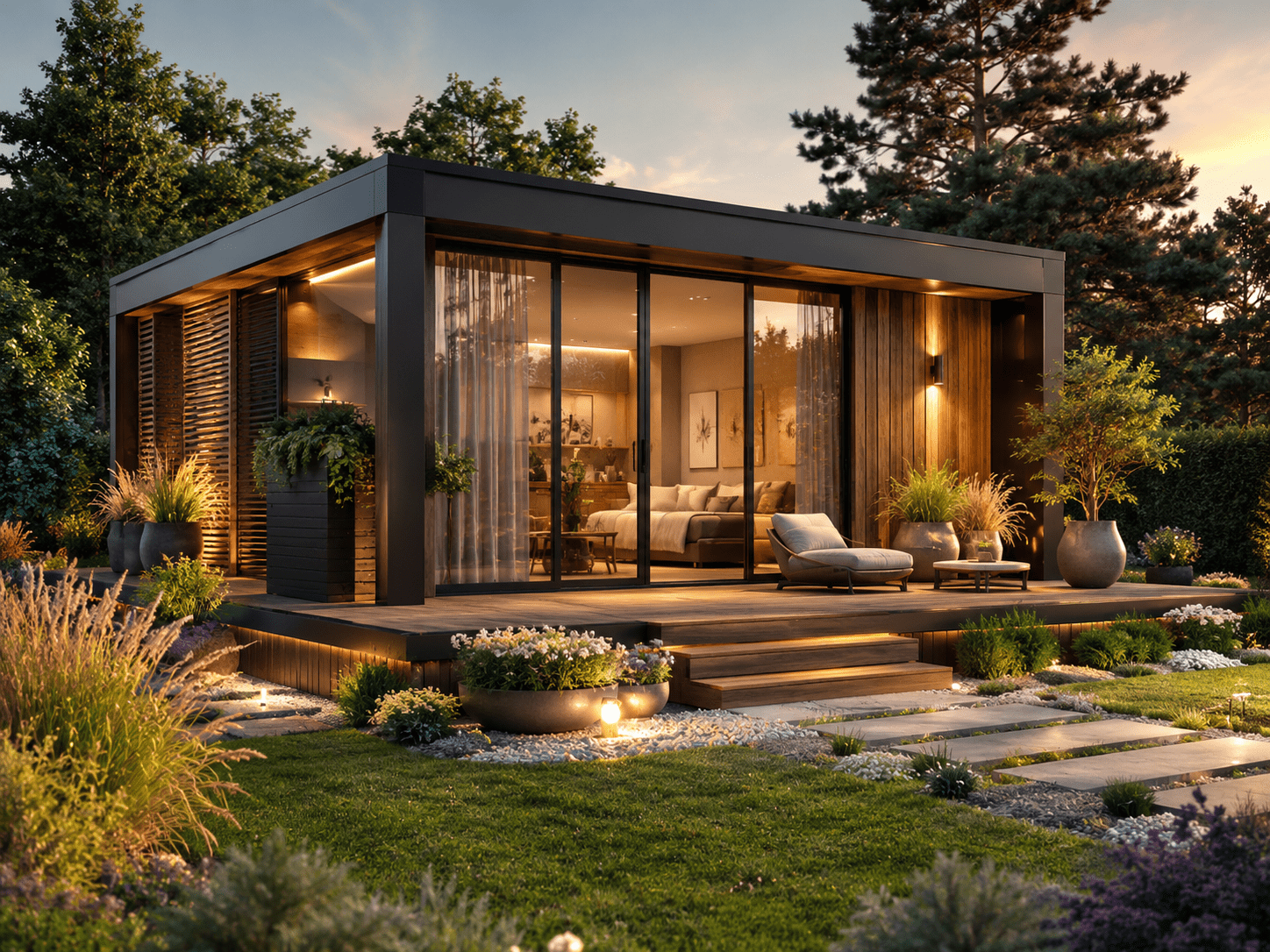 LUXI Designer Ház Mobilház Modul házKonténerház lakókonténer Alapterület: 18 m² Méret